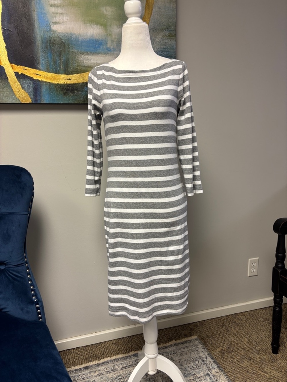 GAP Gray and White Striped Boatneck Midi Dress